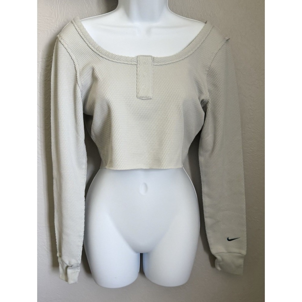 Nike Henley Crop‎ Top Womens Size Medium Green Waffle Knit Long Sleeve Athletic